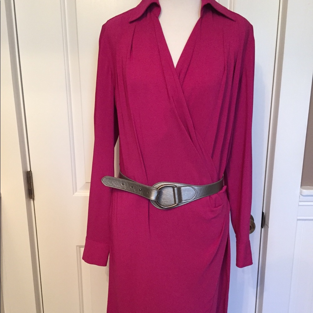 ETCETERA BARBIE CORE DRESS PINK WRAP LOOK SILVER BELT LONG SLEEVE SIZE 0